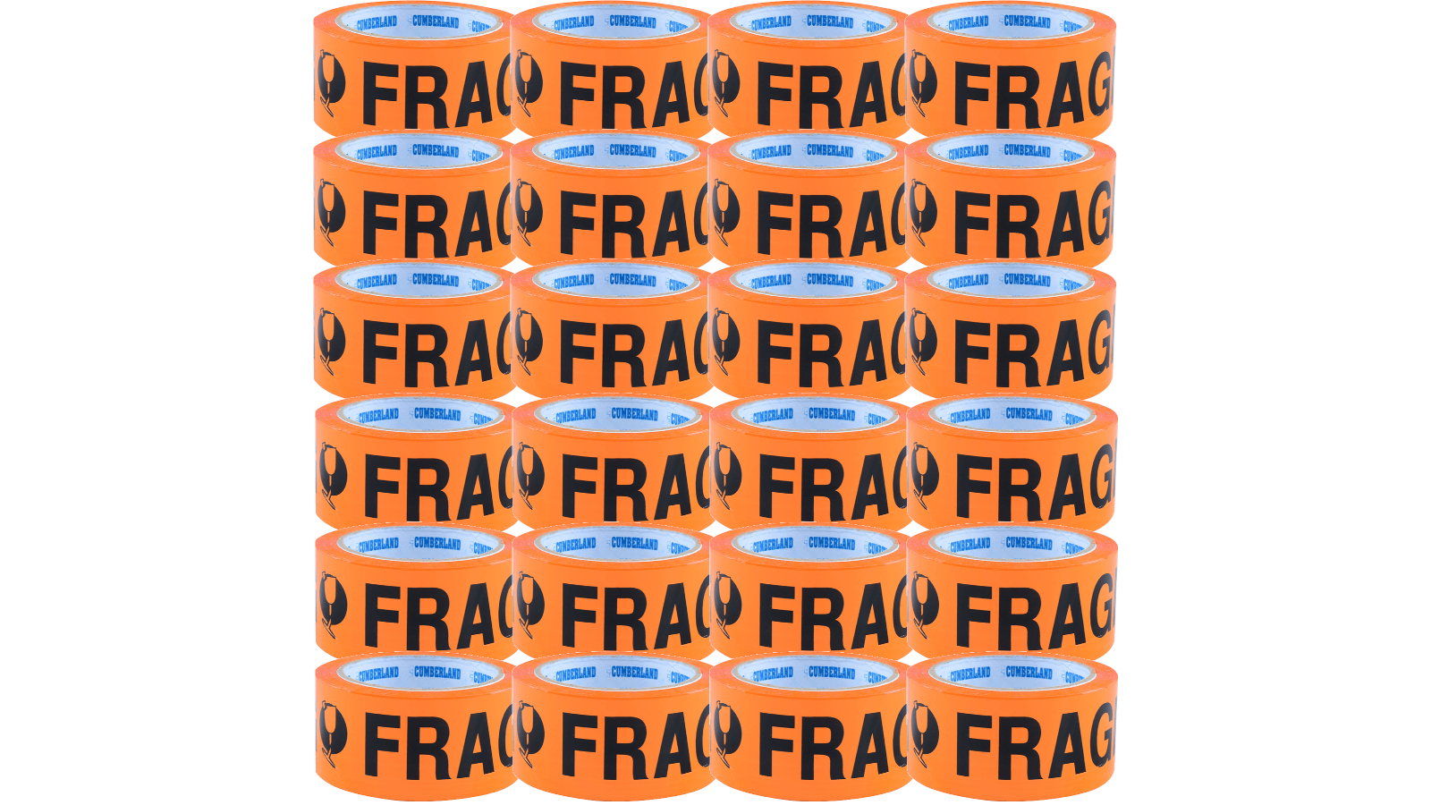 Cumberland 24 Rolls Packaging Printed Fragile Tape - Orange/Black