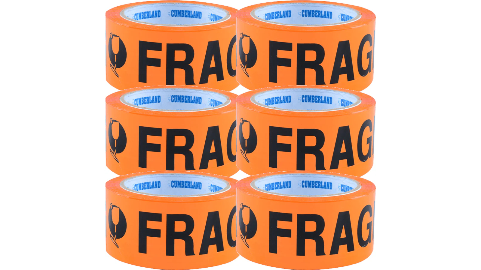 Cumberland 4 Rolls Packaging Printed Fragile Tape - Orange/Black