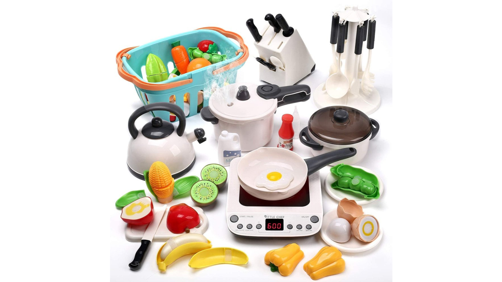 Cute Stone Kitchen Play Toy with Cookware Playset Steam Pressure Pot Cooktop