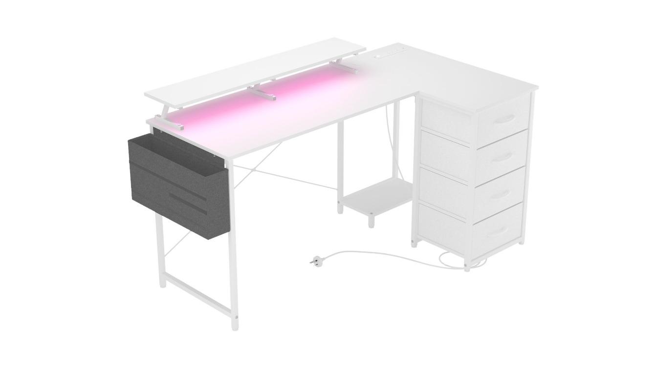 Advwin 160cm L-Shaped Gaming Desk with LED Light and Power Outlet - White