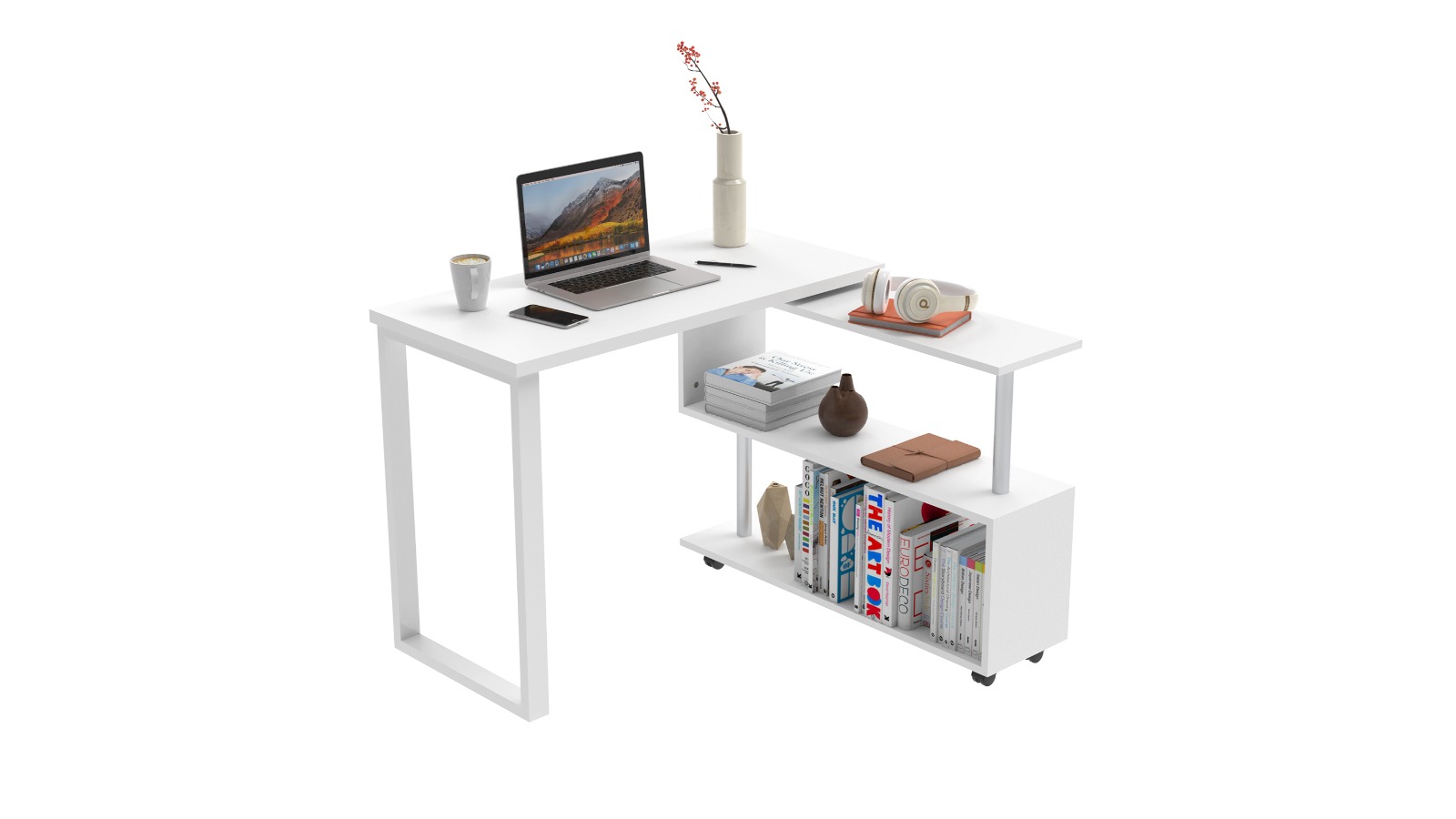 Advwin 100cm Corner Computer Office Desk with Rotating Storage - White