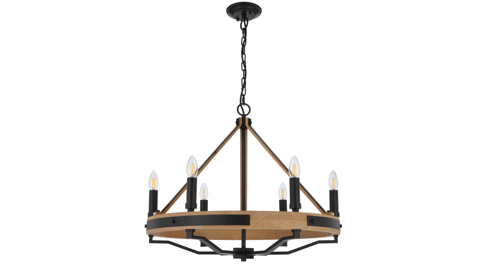 Pretty & Practical Varna Black Pendant with Ashtree Wood Frame and 6-Light Arrangement