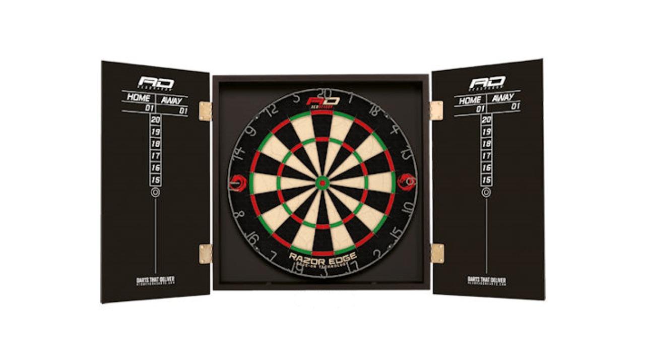 Red Dragon Razor Edge Dart Board and Black RD Deluxe Cabinet