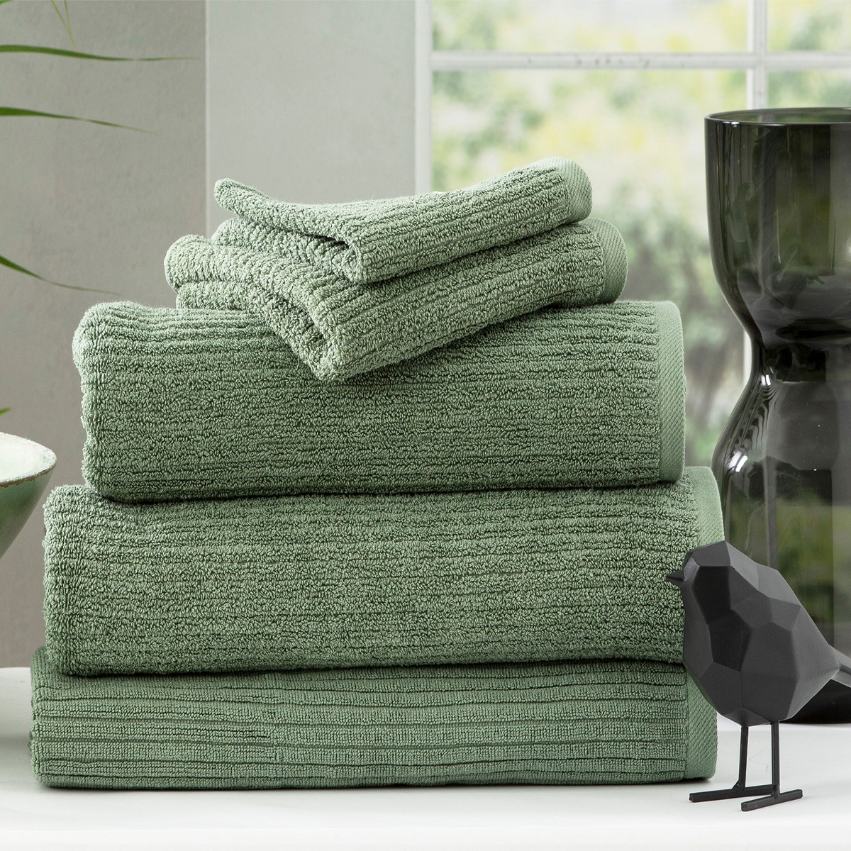 Renee Taylor Cobblestone 650GSM Cotton Ribbed Face Towel - Sage