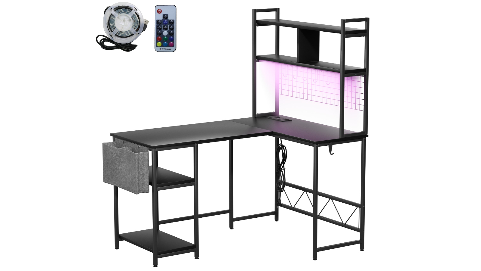 Levede L Shaped Gaming Desk with Built-In LED Lights - Black