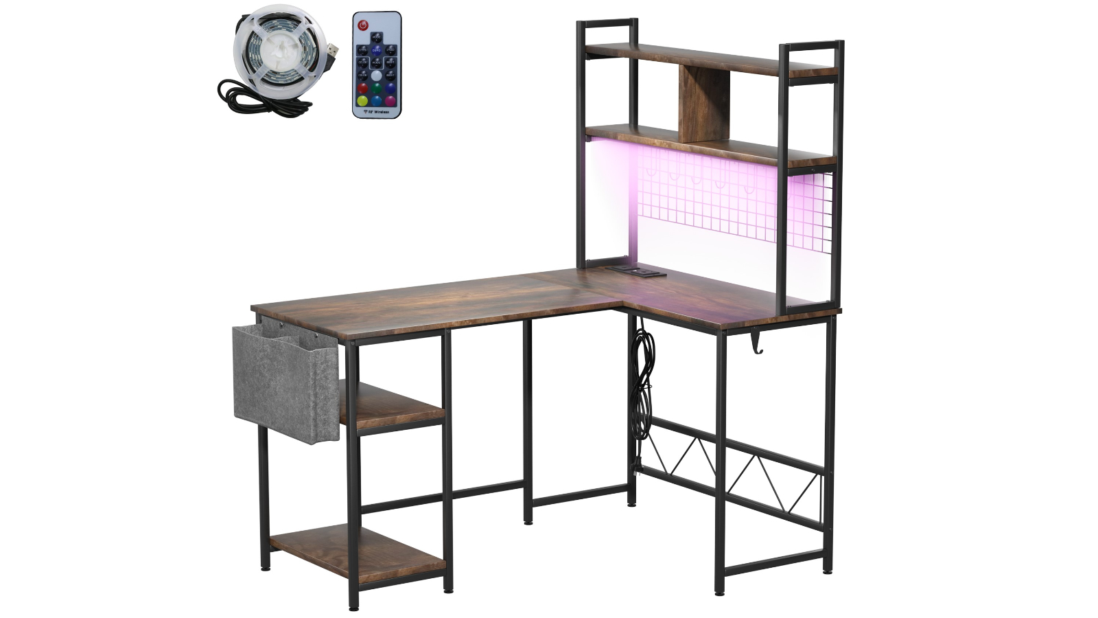 Levede L Shaped Gaming Desk with Built-In LED Lights - Brown