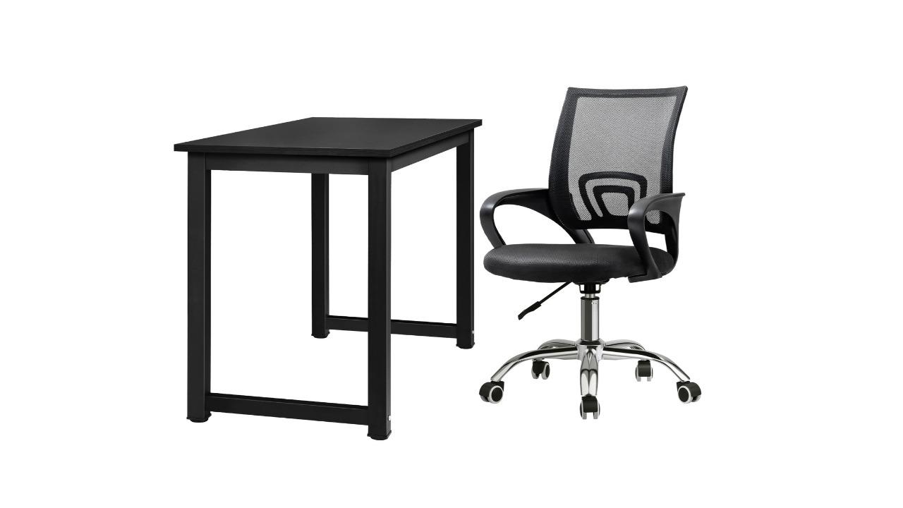 Oikiture 84 - 92cm Mesh Home Office Desk and Chair Computer Set - Black