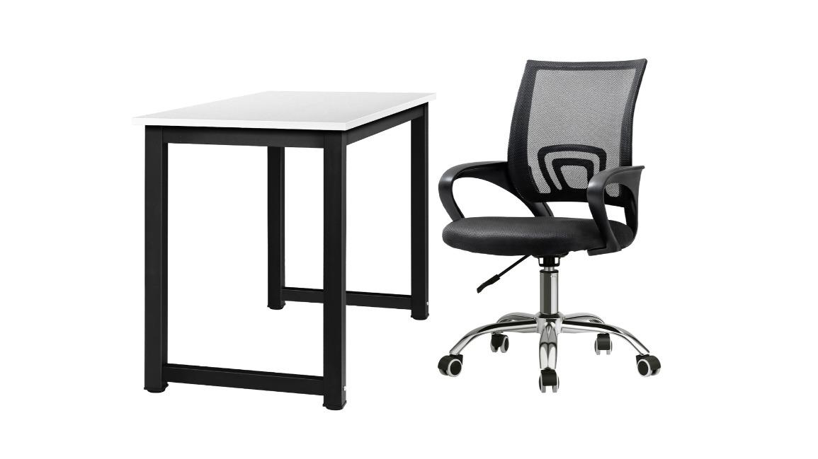 Oikiture 84 - 92cm Mesh Home Office Desk and Chair Computer Set - Black/White