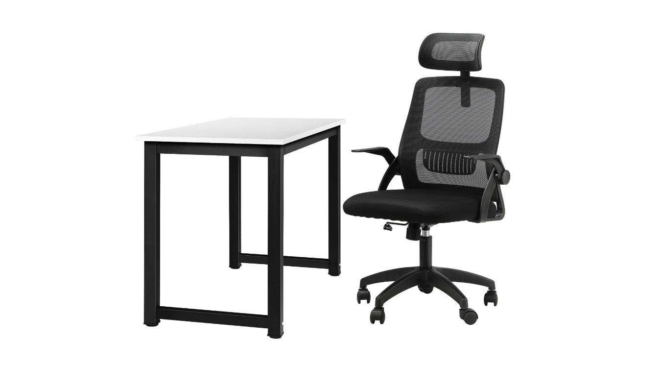 Oikiture Mesh Home Office Desk and Chair Computer Set - Black/White