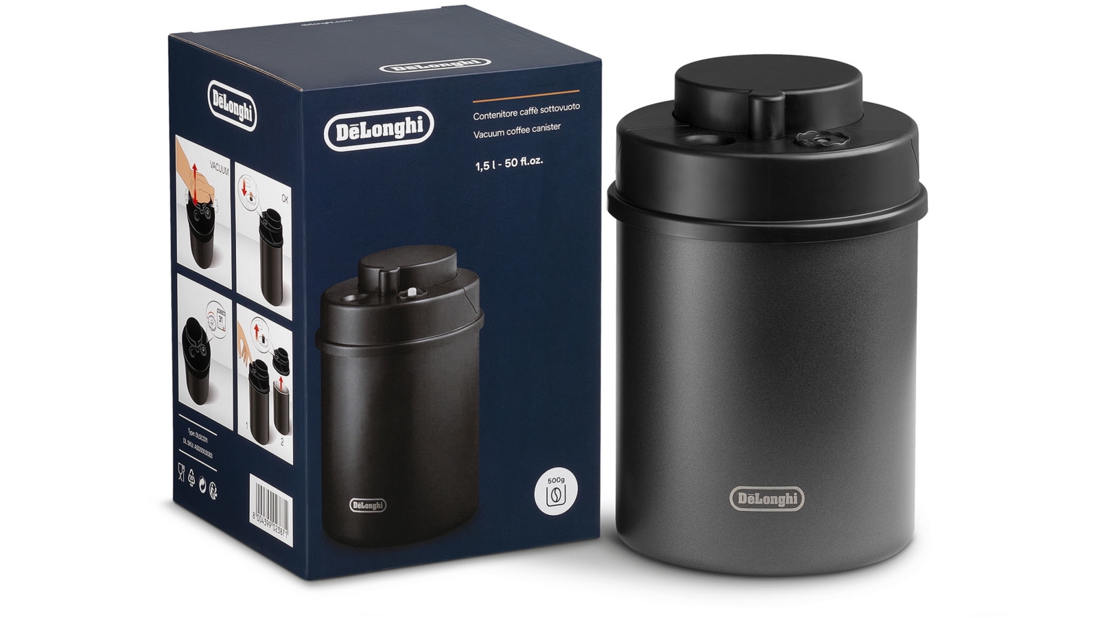 De Longhi 1.5L Vacuum Sealed Coffee Canister Black Harvey Norman