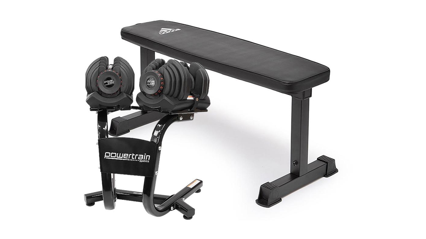 PowerTrain 2x 40Kg Dumbbells with Stand and 10437 Bench