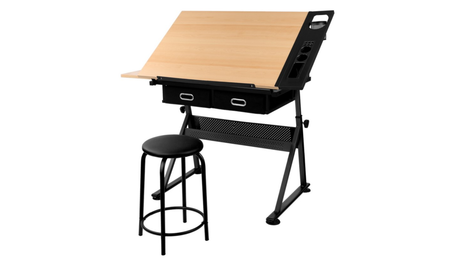 Artiss 120 x 60 x 68-136cm Drawing Desk Stool Set Drafting Table with Adjustable Angle Tilt Drawer - Black and Oak