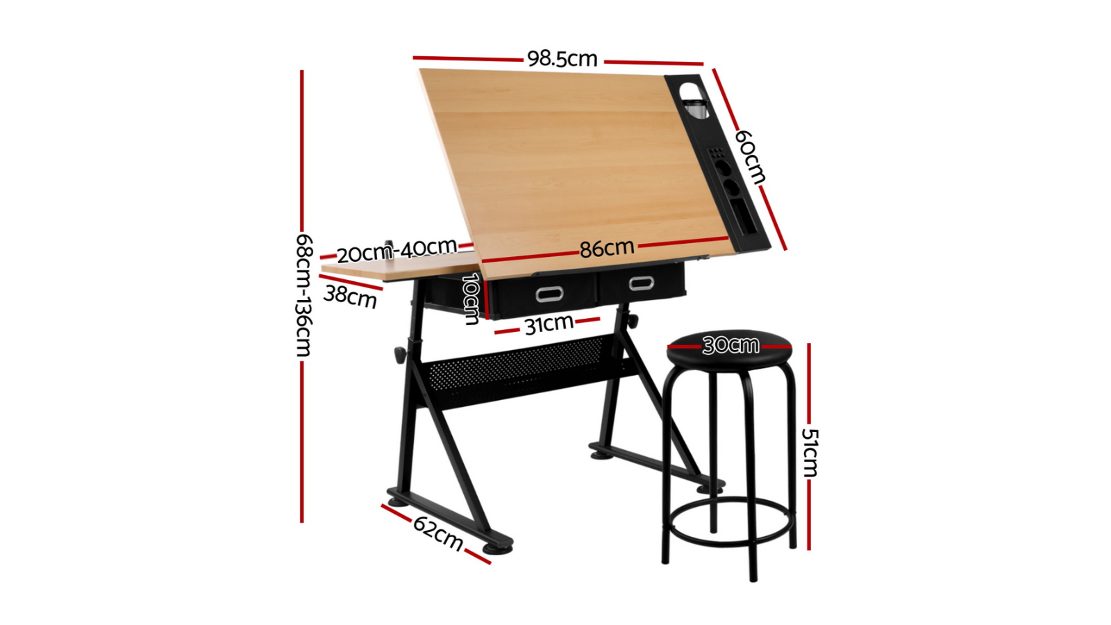 Artiss 120 x 60 x 68-136cm Drawing Desk Stool Set Drafting Table with ...