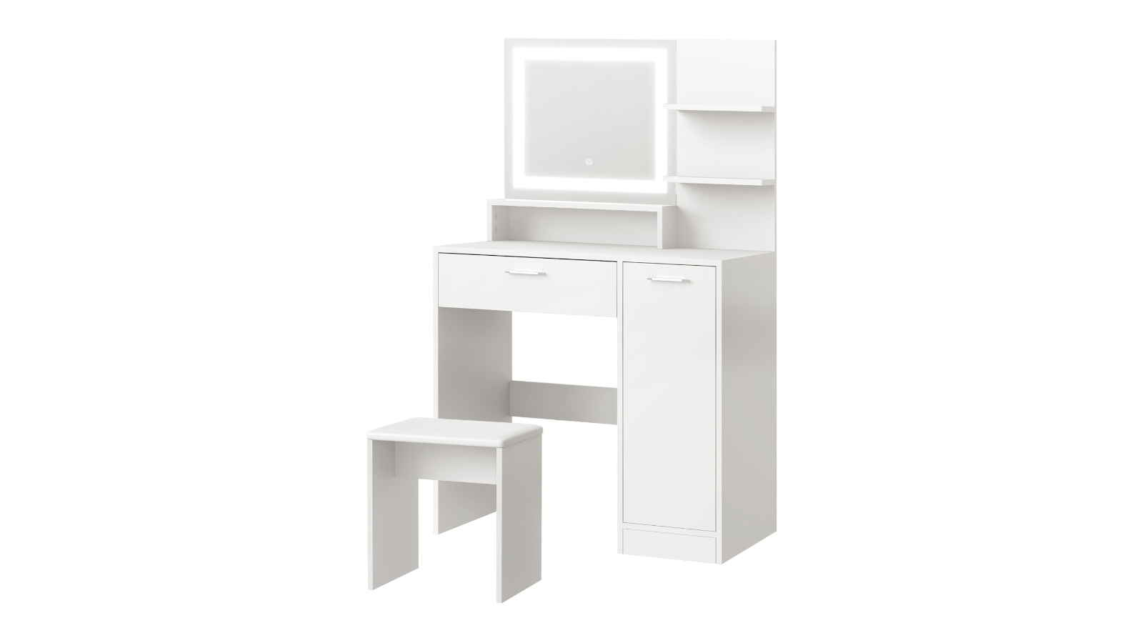 Oikiture Dressing Table and Stool Set with Large LED Light Makeup Mirror and Cabinet - White
