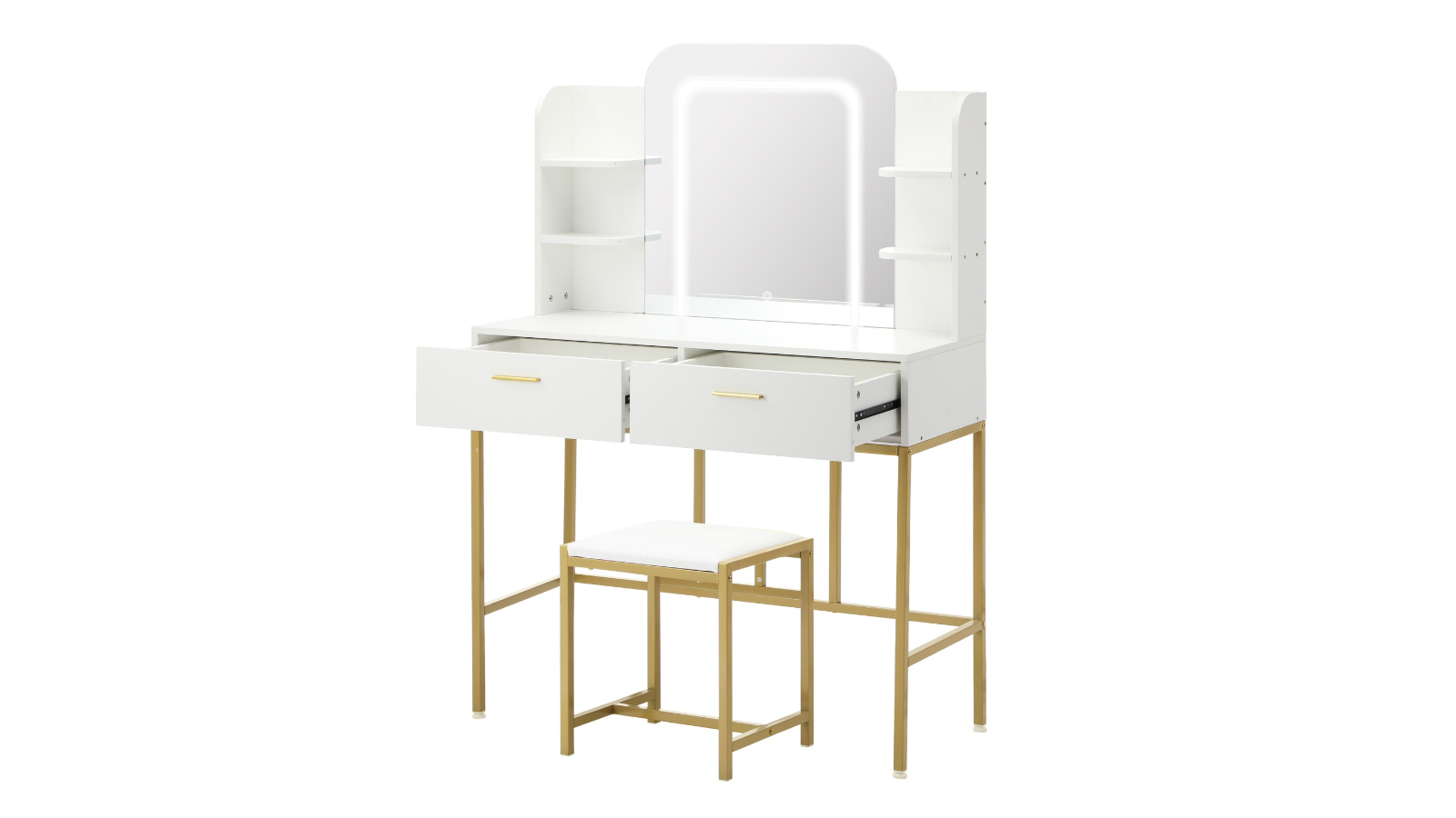 Oikiture Iron Dressing Table and Stool Set with Makeup LED Mirror Vanity - White/Gold