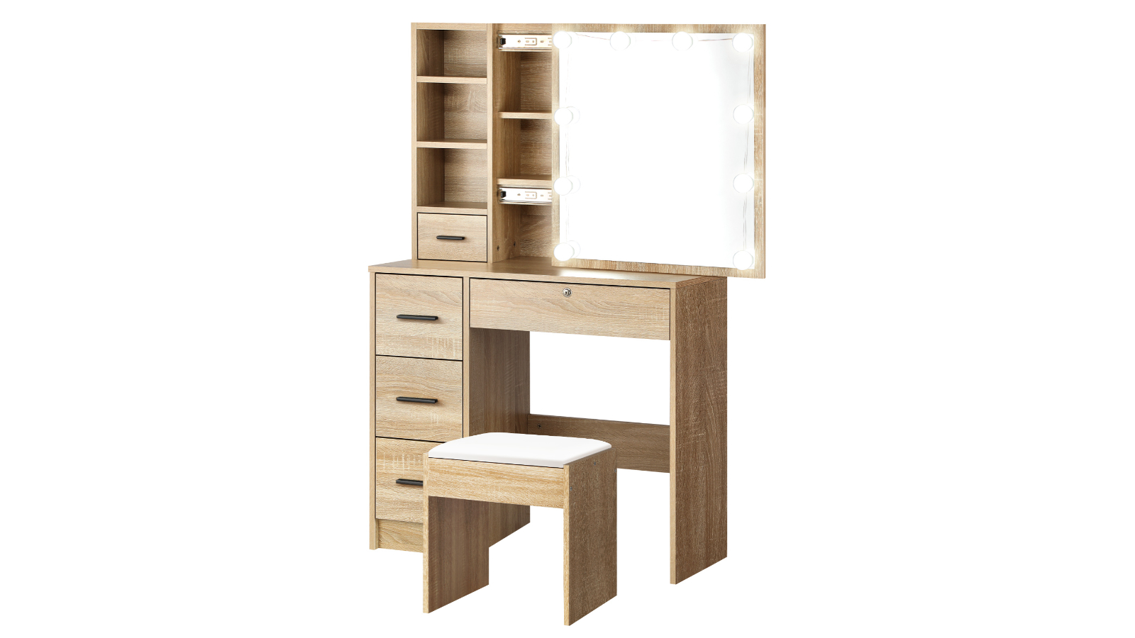 Oikiture 10 LED Bulbs Slide Mirror Makeup Dressing Table - Natural Wood
