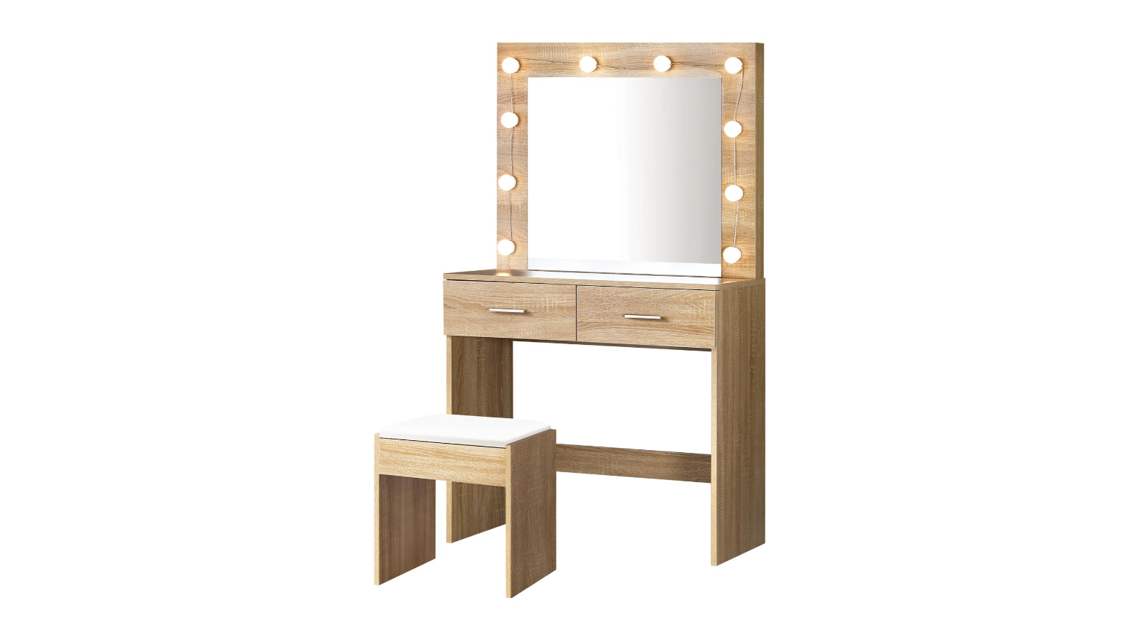 Oikiture 10 LED Bulbs Makeup Mirror Storage Desk - Natural Wood