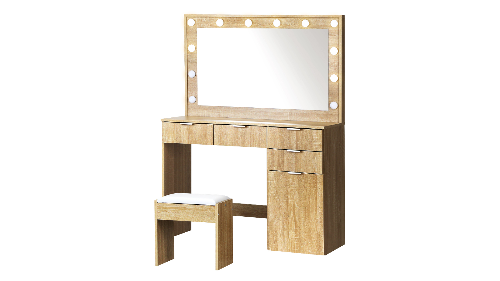 Oikiture 12 LED Bulb Dressing Table/Stool Dresser with Large Mirror - Oak