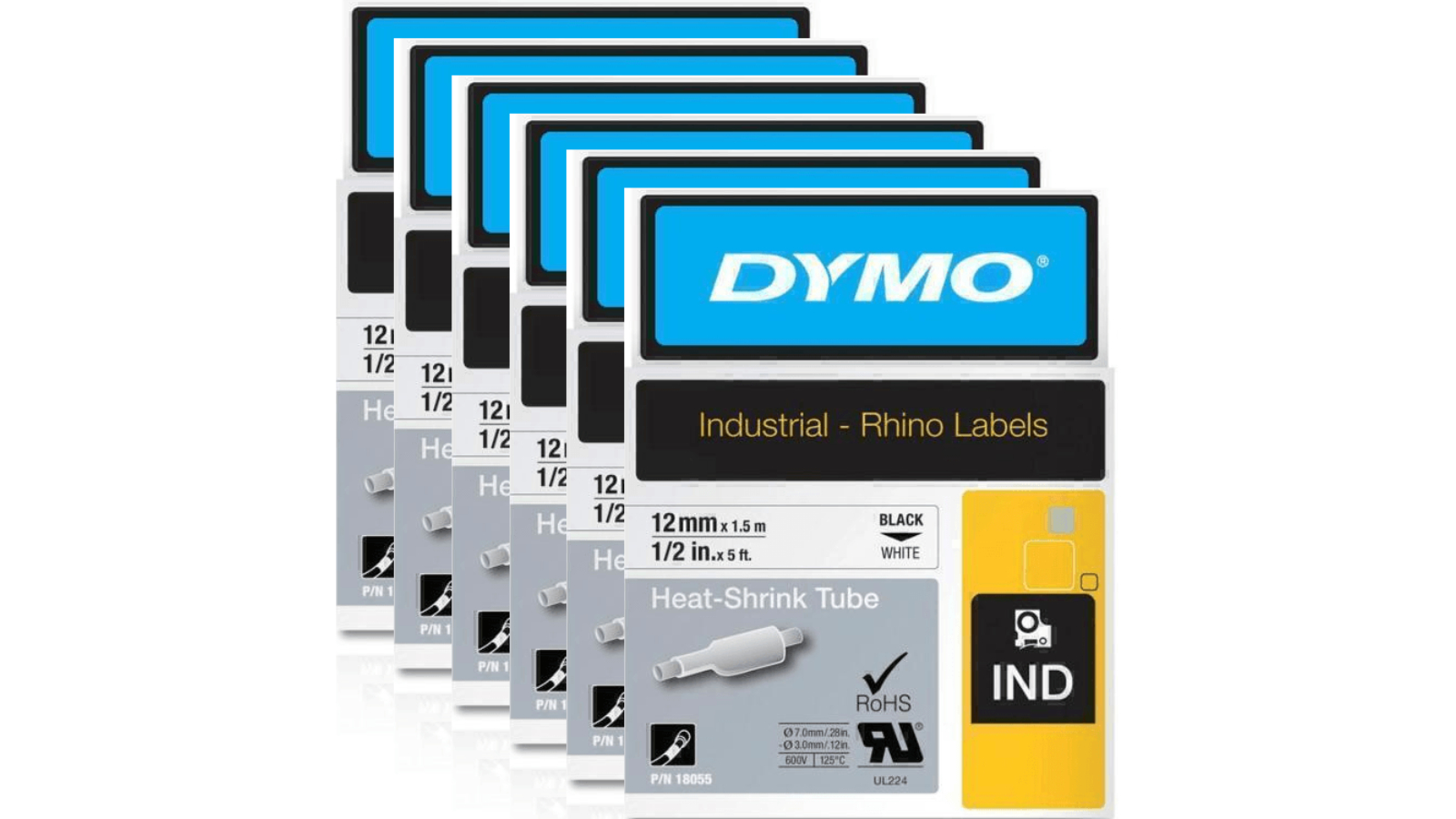 Dymo 18055 Pack of 6 Black/White Rhino Industrial Heat Shrink Tube - 1.2cm