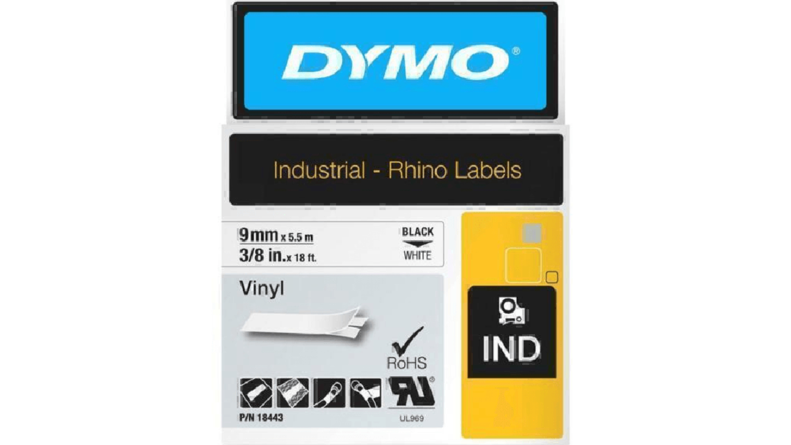 Dymo 18443 Black/White Vinyl Rhino Industrial Tape - 0.9cm
