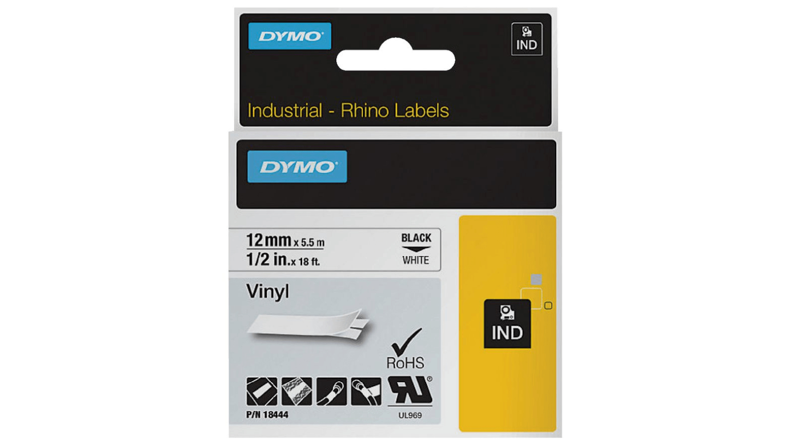 Dymo 18444 Black/White Vinyl Rhino Industrial Tape - 1.2cm
