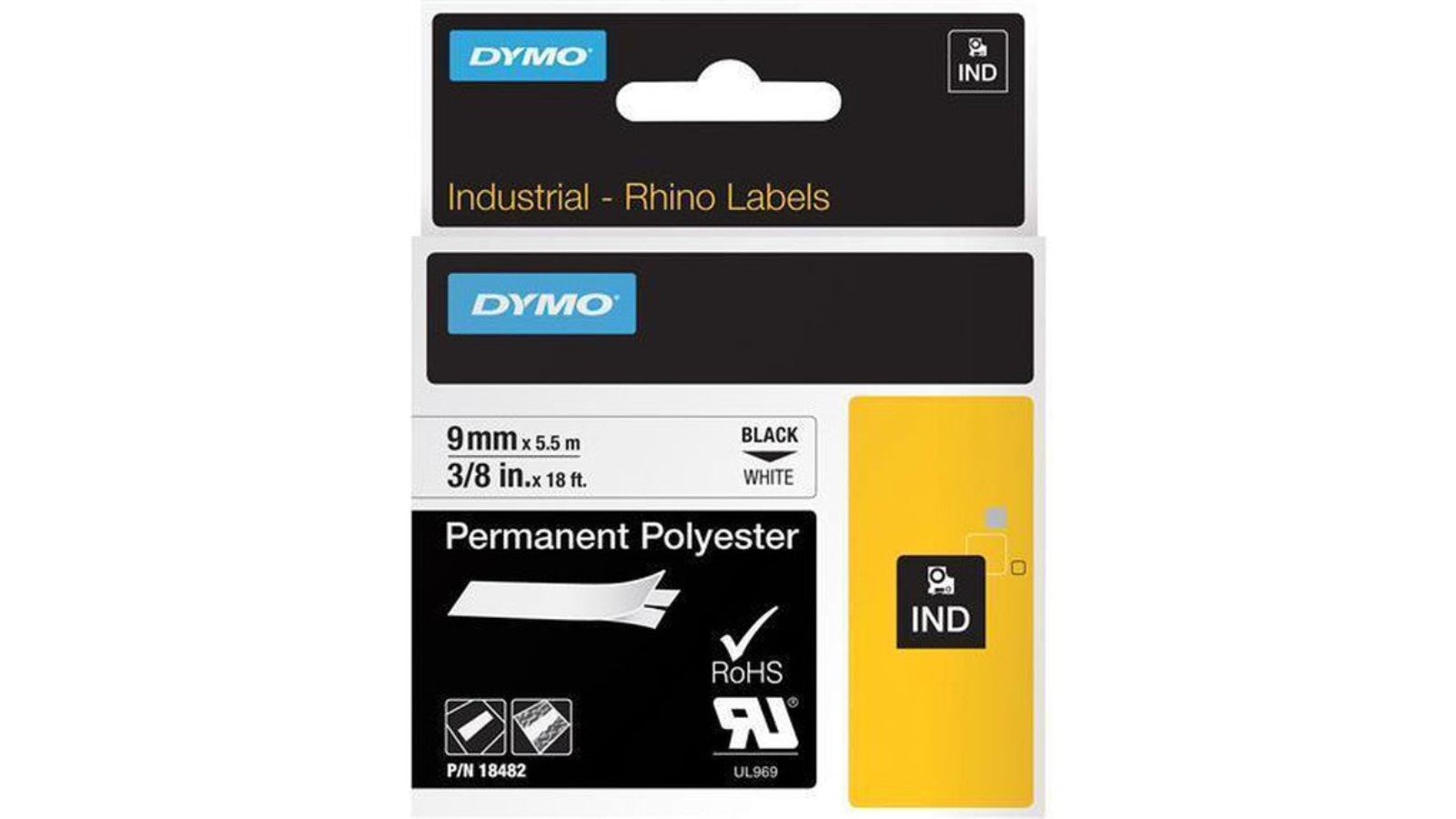 Dymo 18482 Black/White Permanent Polyester Rhino Industrial Tape - 1.9cm