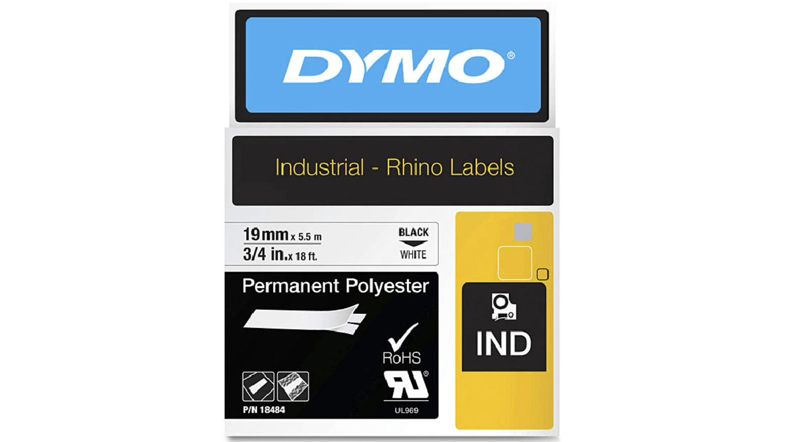 Dymo 18484 Black/White Permanent Polyester Rhino Industrial Tape - 1.9cm
