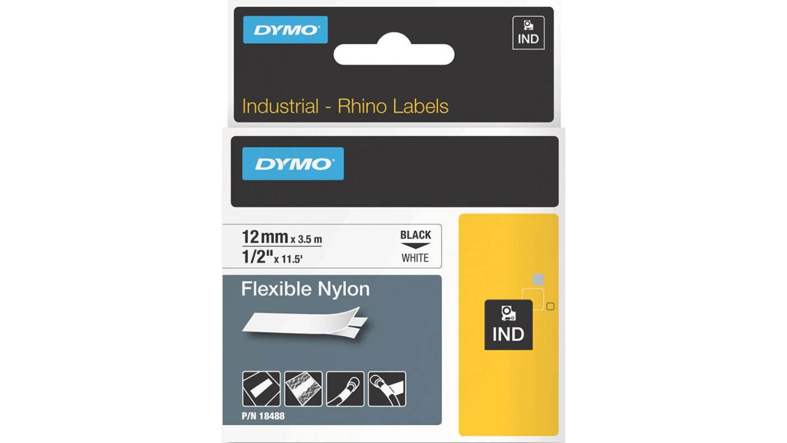 Dymo 18488 Black/White Flexible Nylon Rhino Industrial Tape - 1.2cm