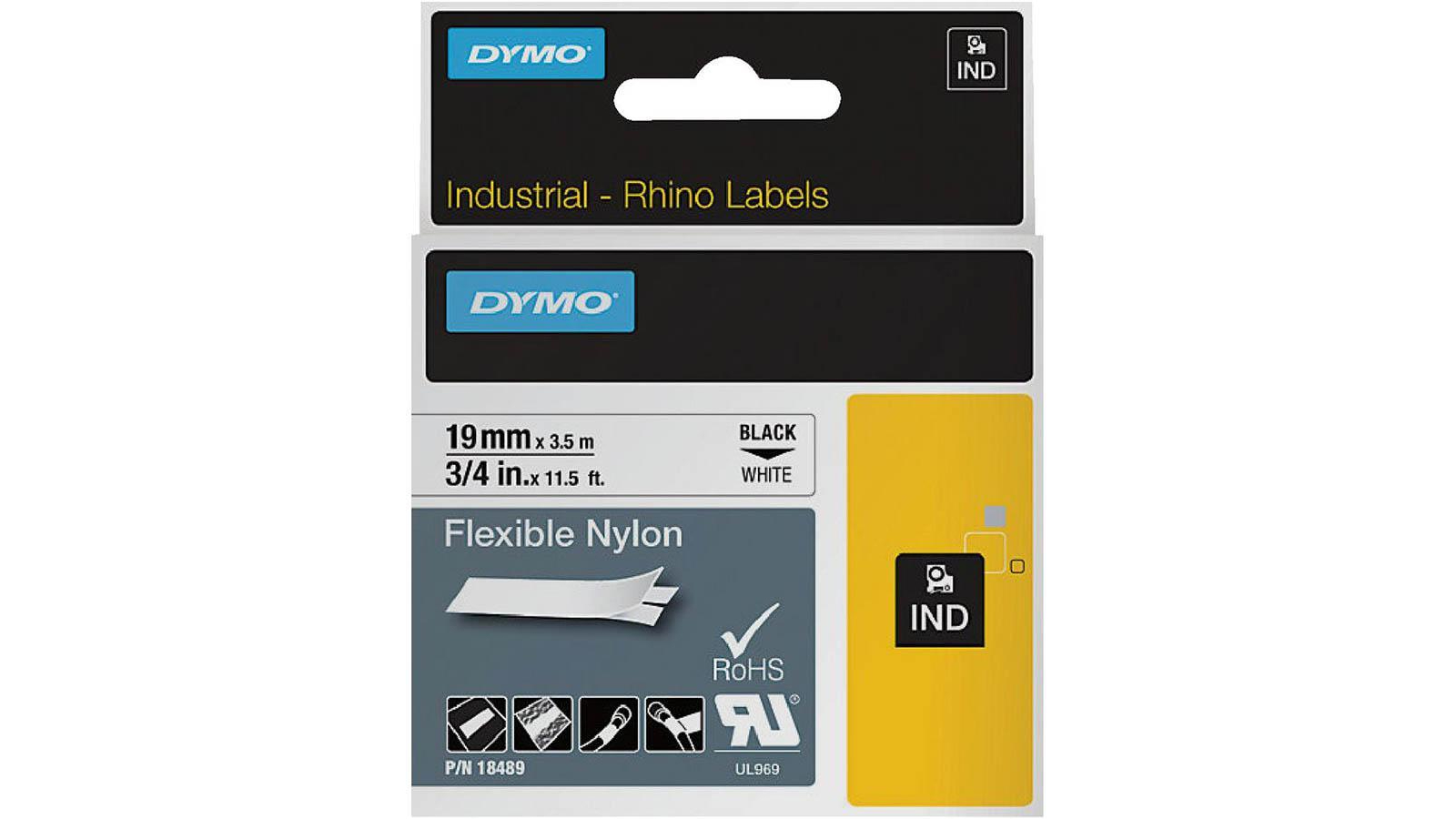 Dymo 1.9cm Flexible Nylon Rhino Industrial Tape - Black on White