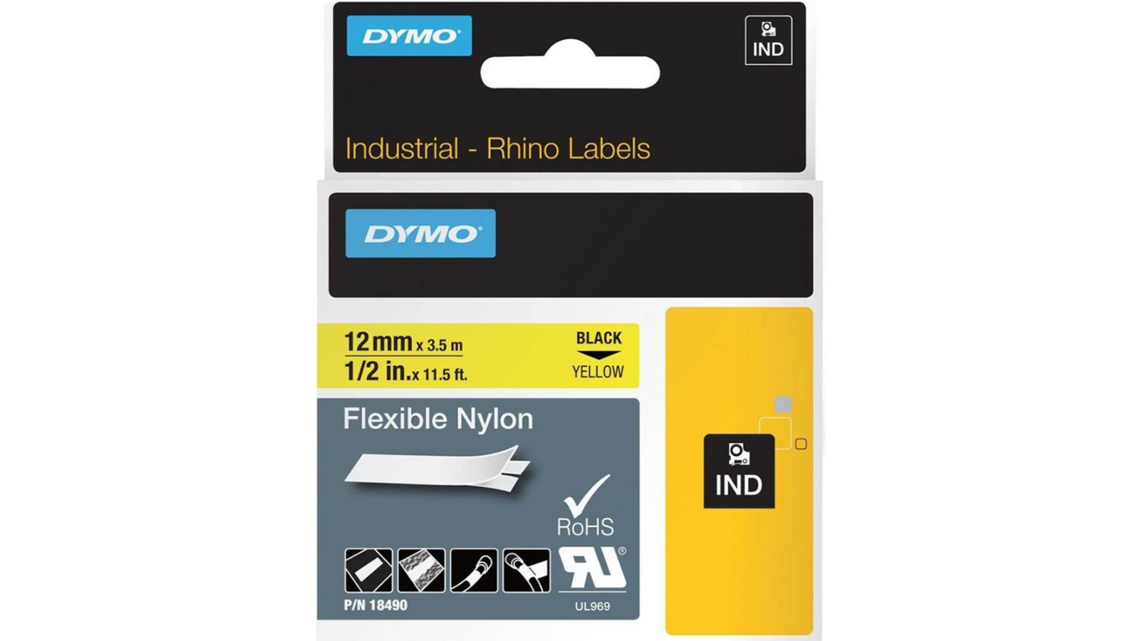 Dymo 18490 Black/Yellow Flexible Nylon Rhino Industrial Tape - 1.2cm