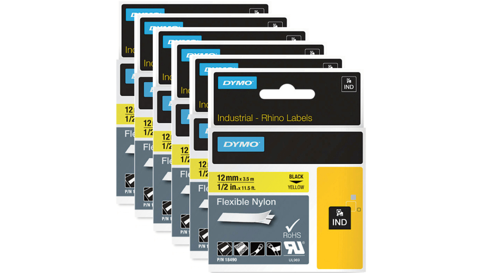 Dymo 18490 Pack of 6 Black/Yellow Flexible Nylon Rhino Industrial Tape - 1.2cm