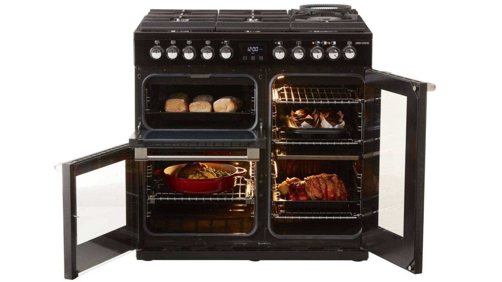 Belling 900mm CookCentre Deluxe Dual Fuel Glass Range Cooker Black Harvey Norman