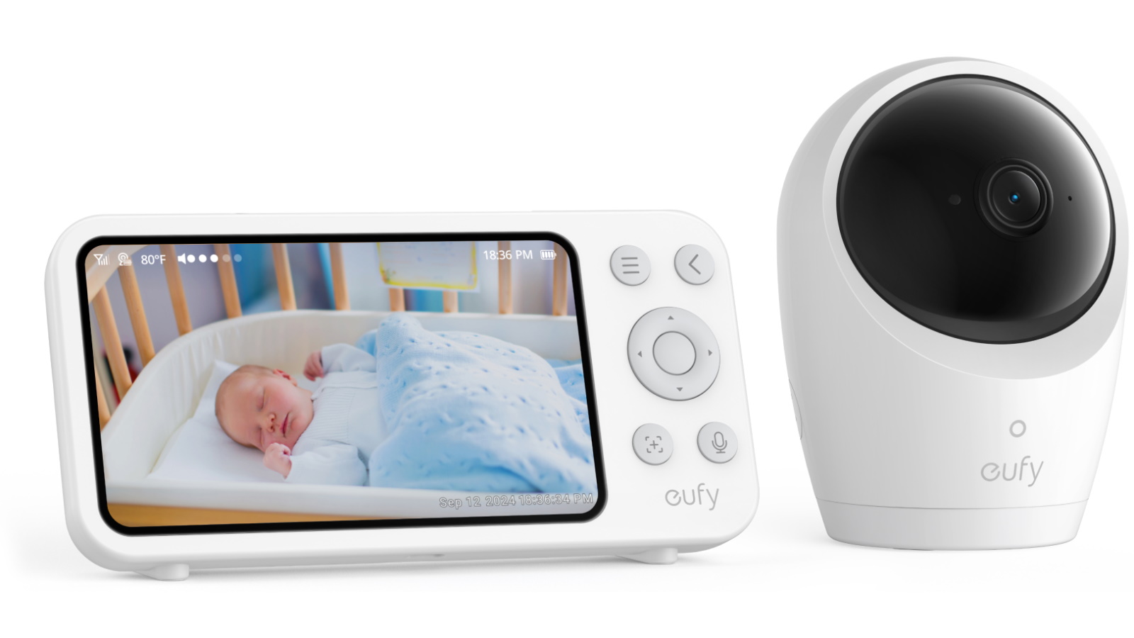 eufy Security Baby Monitor E20 Add-On Camera, 2K HD Resolution, 330° Pan and 60° Tilt, 4× Zoom, Night Vision, 5000mAh Built-in Battery, ANR