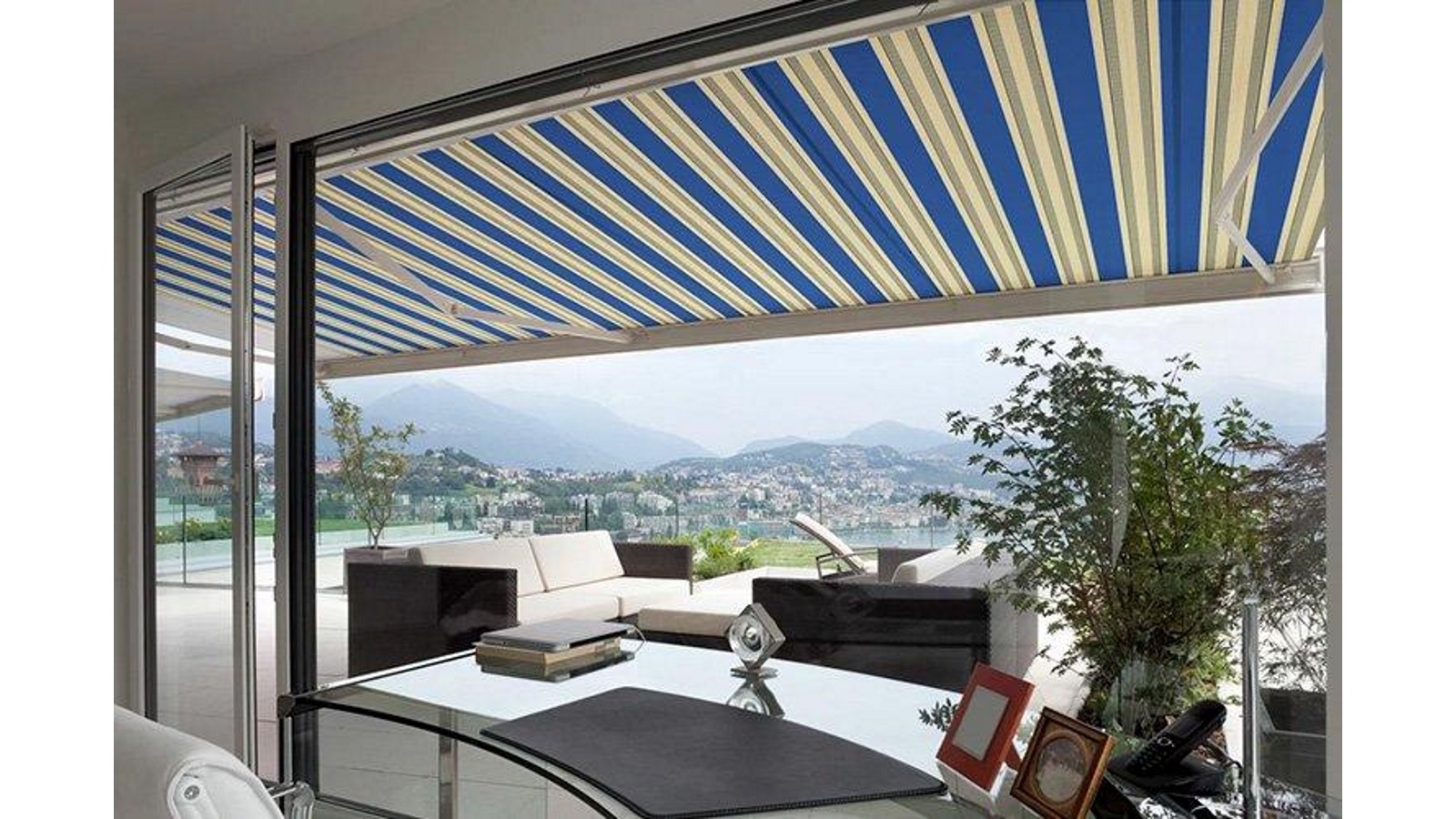Advaning Luxury 10x8-inch 3.05x2.4m Yellow with Grey Blue Stripes Electric Acrylic Retractable Awning 