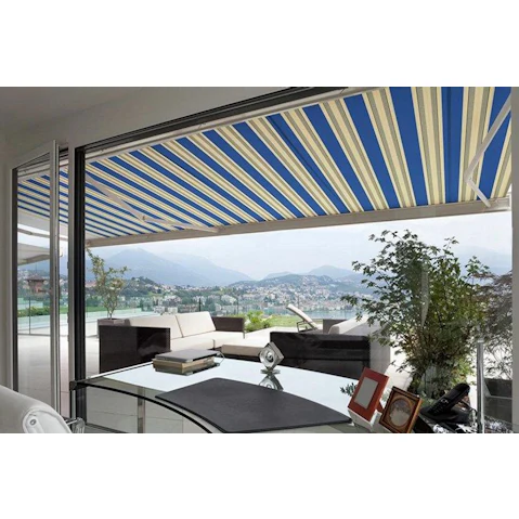 Advaning Luxury 10x8-inch 3.05x2.4m Yellow with Grey Blue Stripes Electric Acrylic Retractable Awning