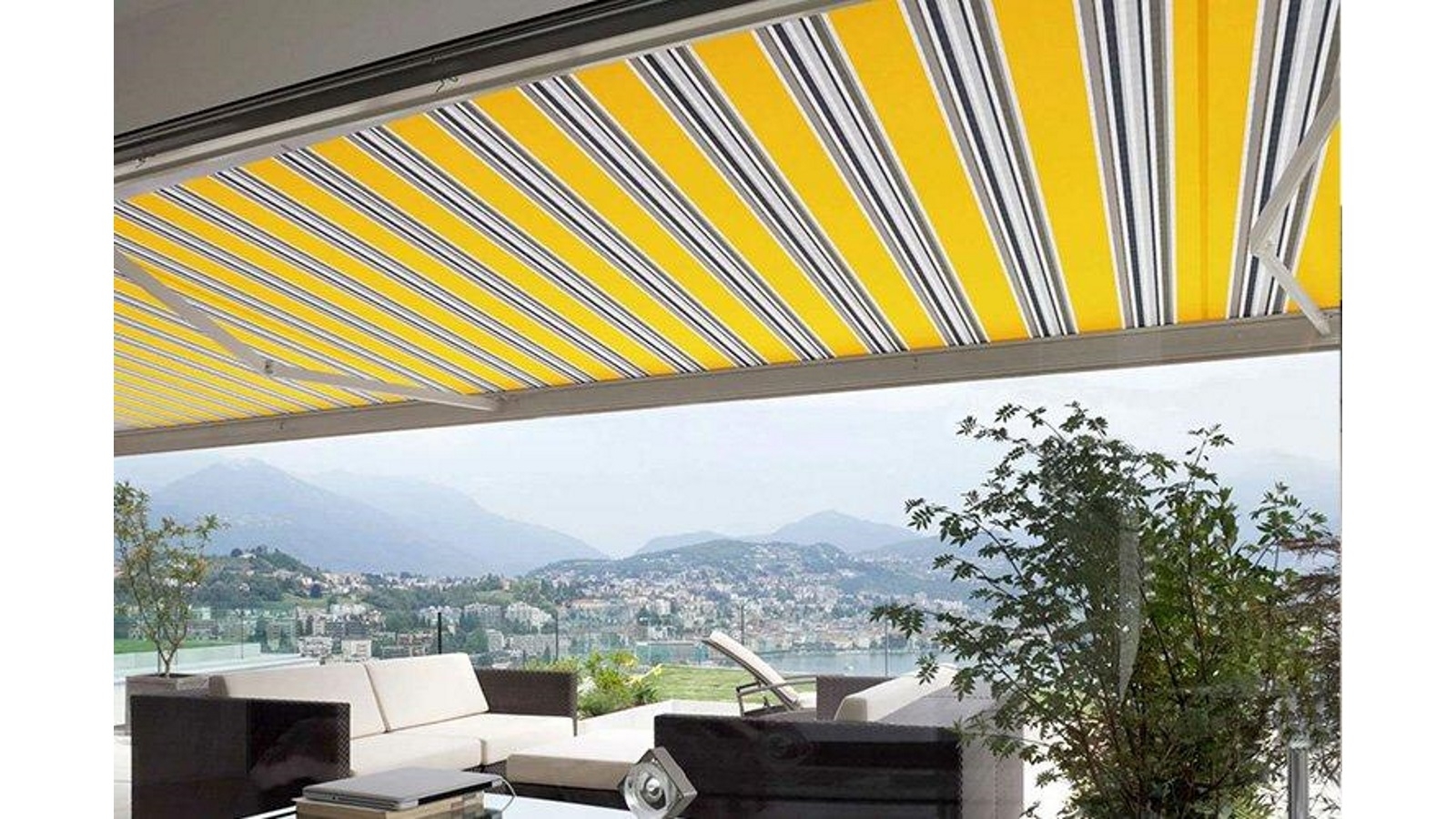 Advaning Luxury 16x10-inch 4.88x3.05m Yellow with Grey Blue Stripes Electric Acrylic Retractable Awning