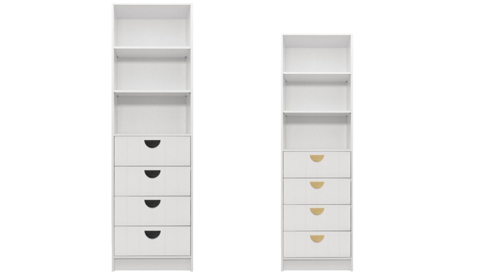 European Cabinetry 3-Shelf/4-Drawer White Vj Panel Half Moon Malmo Walk-in Wardrobe