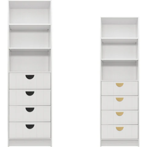 European Cabinetry 3-Shelf/4-Drawer White Vj Panel Half Moon Malmo Walk-in Wardrobe