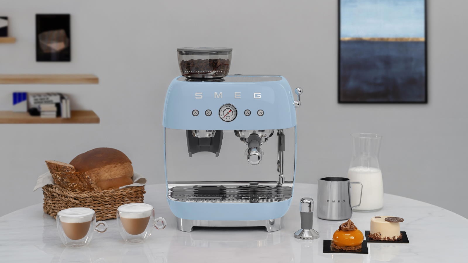 Smeg Beans on Board Espresso Coffee Machine with Grinder Pastel Blue Harvey Norman