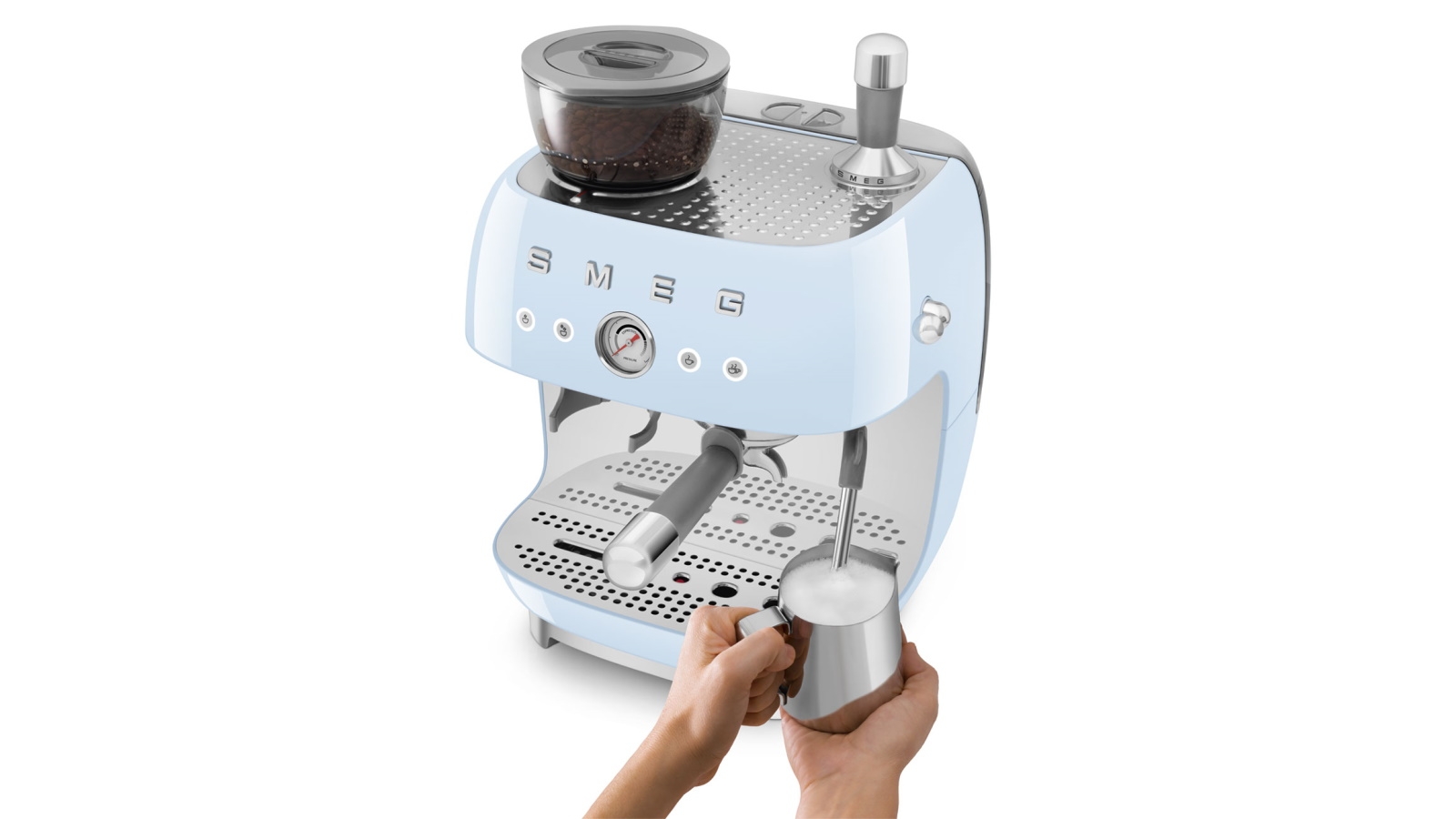Smeg Beans on Board Espresso Coffee Machine with Grinder Pastel Blue Harvey Norman