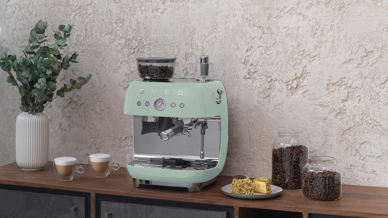 Smeg Beans on Board Espresso Coffee Machine with Grinder Pastel Green