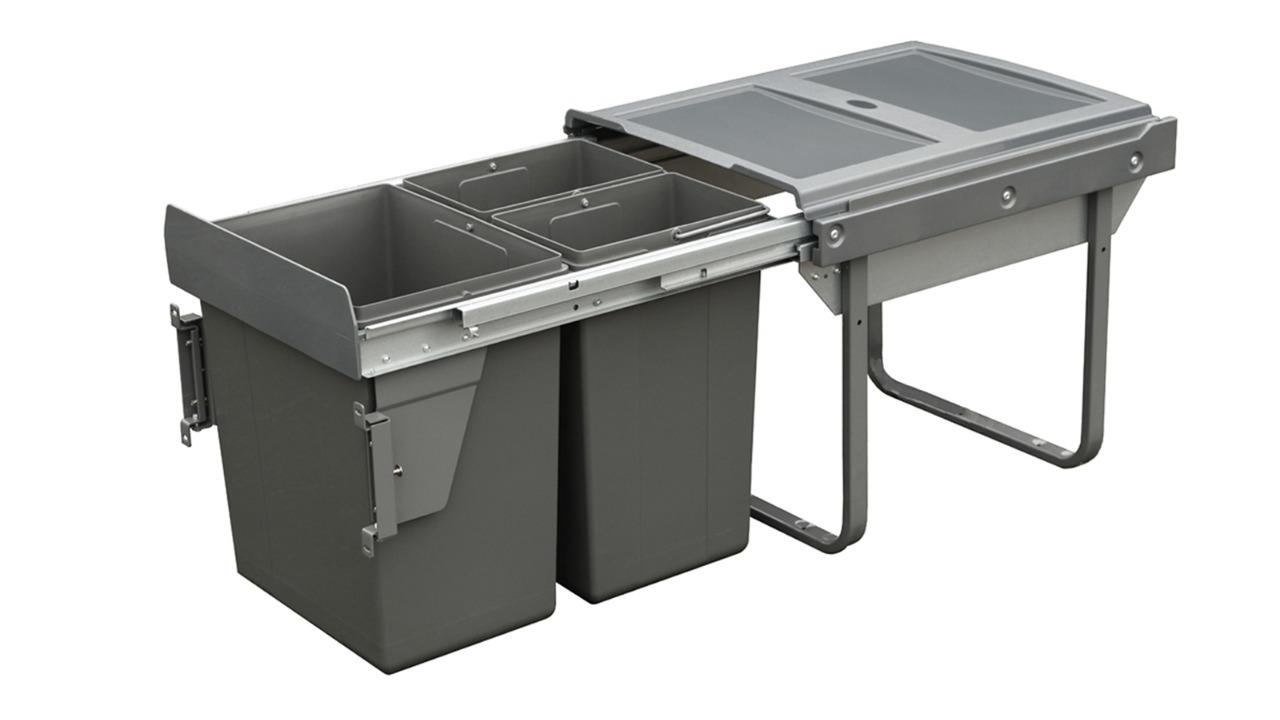 Elite Domestique 40 Litre Triple Pull Out Rubbish Bin with Soft Close for a 45cm Cabinet - Optional Door Bracket