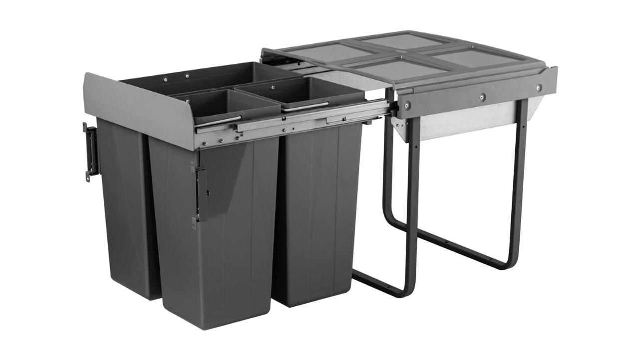 Elite Domestique 68 Litre Triple Pull Out Rubbish Bin with Soft Close for a 60cm Cabinet - Optional Door Bracket