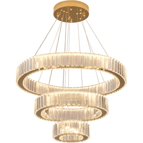 Eli & Co. Lighting Vela Tiered 3-Ring Gold Finish Crystal Chandelier