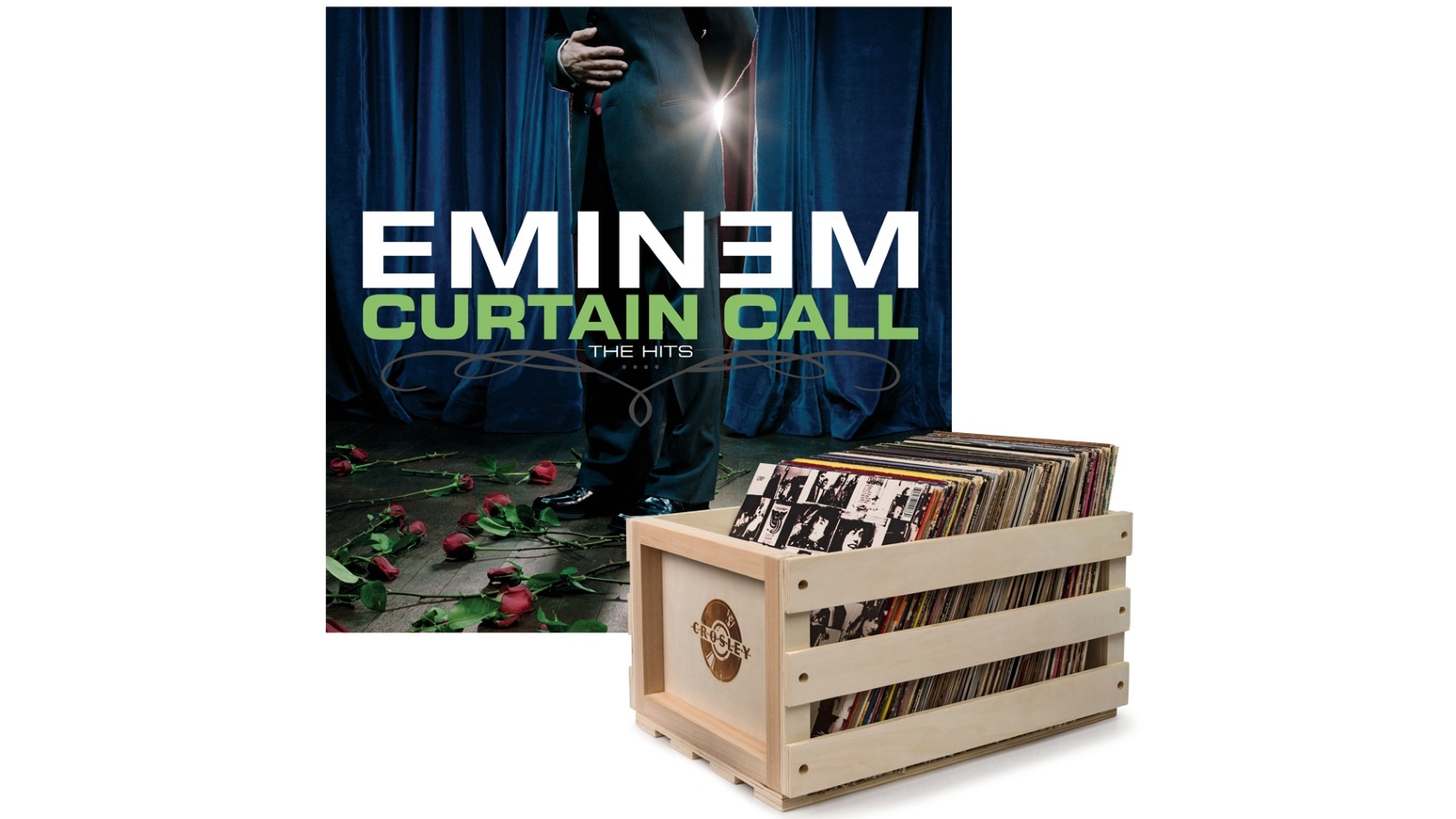 Crosley Record Storage Crate and Eminem Curtain Call - Double Vinyl Album Bundle