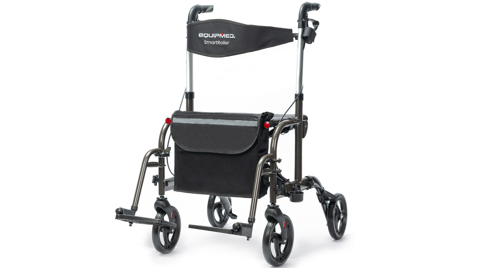 Equipmed Foldable Aluminium Walking Frame 2-in-1 Rollator and Transit Wheelchair with Bag - Titanium