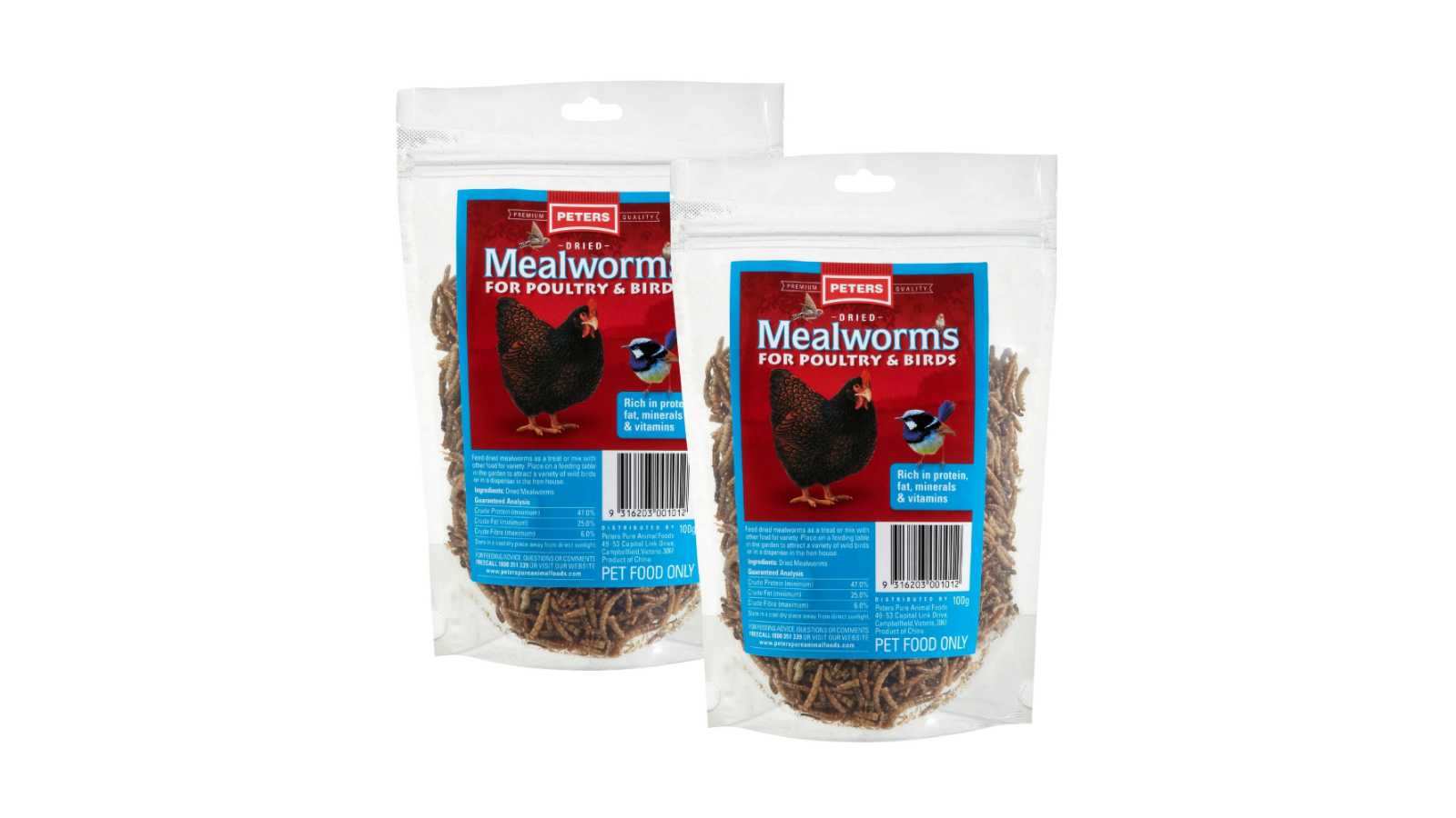 Peters 2 Piece Dried Mealworms for Poultry and Birds - 100g