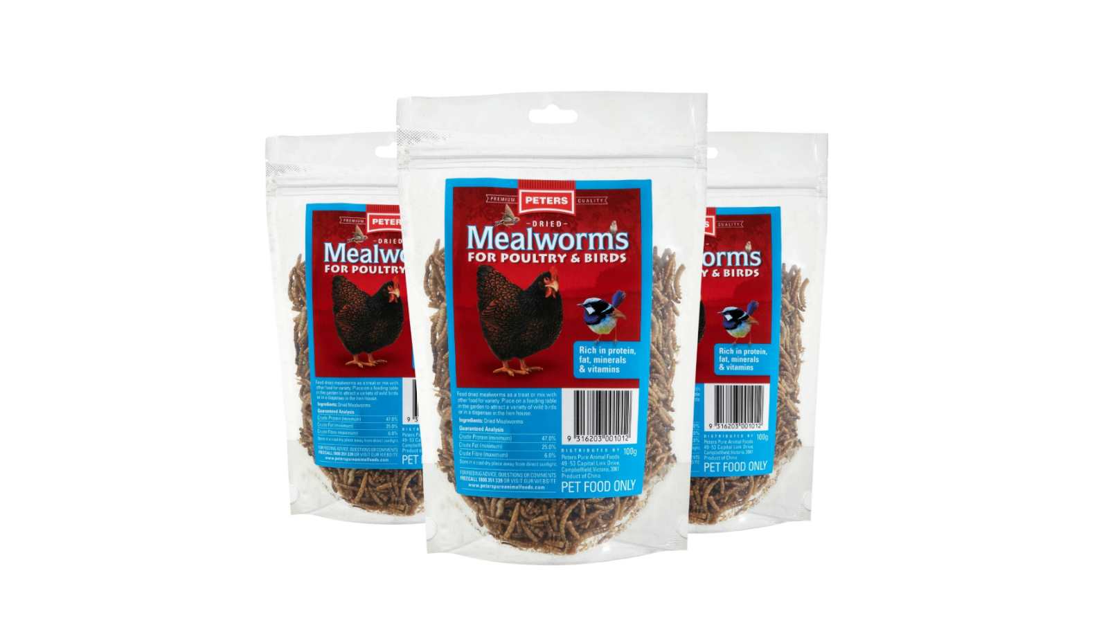 Peters 3 Piece Dried Mealworms for Poultry and Birds - 100g