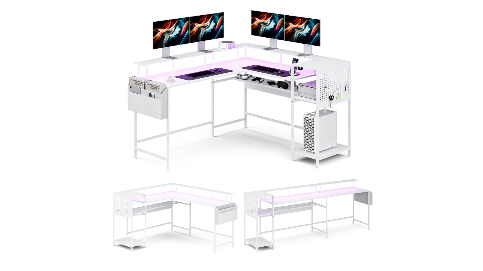 Advwin L-Shaped Computer Desk with LED Lights and Power Outlet - White