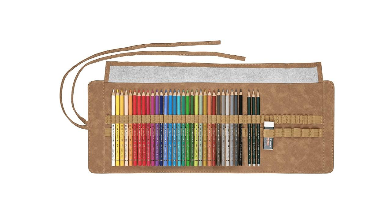 Faber Castell 34 Piece Polychromos Artist Coloured Pencil Graphite Eraser Travel Roll Set